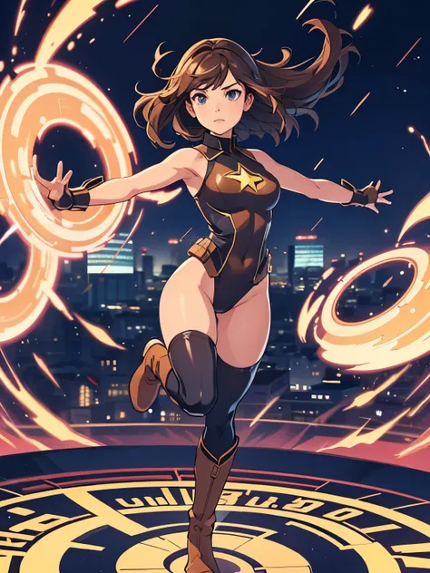 1girl, medium breasts, leotard, bare legs, tight belt, boots, matching boots, gloves, city backdrop, solo, single, full body shot, superhero, beautiful detailed eyes, mature lady, star symbol on chest, brown hair, high leg leotard, spinning her body in rap...