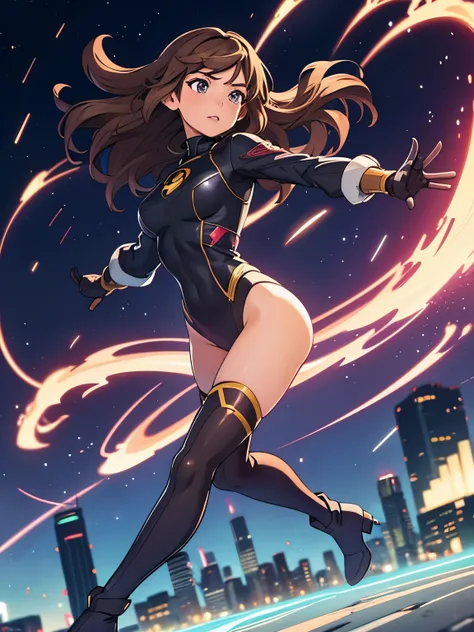 1girl, medium breasts, leotard, bare legs, tight belt, boots, matching boots, gloves, city backdrop, solo, single, full body shot, superhero, beautiful detailed eyes, mature lady, star symbol on chest, brown hair, high leg leotard, spinning her body in rap...