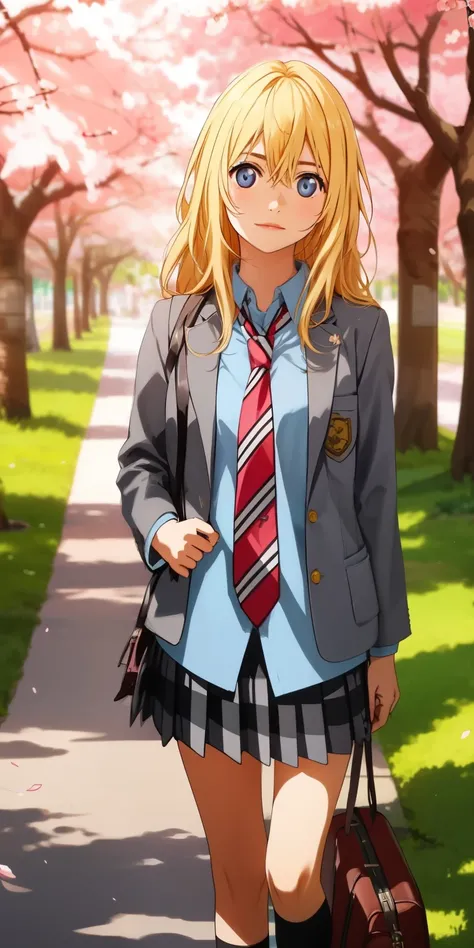 masterpiece、highest quality、High resolution、super fine、leader,blue eyes,blonde hair,long hair,school uniform,blazer,Jacket,grey Jacket,open Jacket,stripe tie,(red tie:1.2),collared shirt,blue shirt,long sleeve,plaid skirt,gray skirt,socks,black socks,loafe...