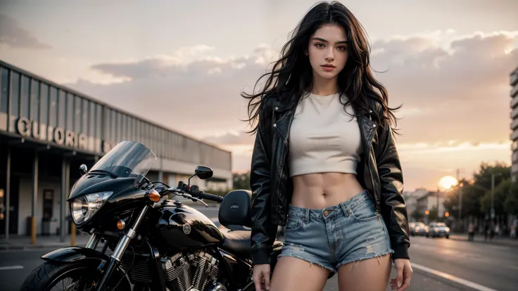 a gorgeous 20 years old european woman, black wavy hair,  standing on the road, motorbike in the background, white cotton crop t...