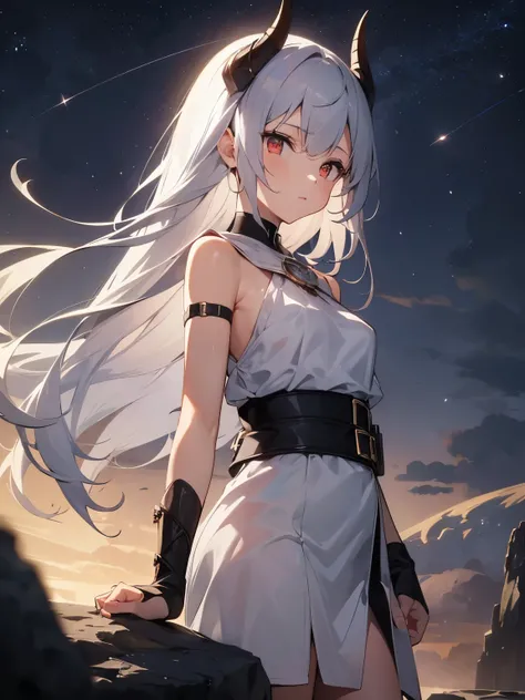 1 girl, long white hair, red eyes, black horns, black mantle, a sword on belt, standing on top of a rock, big black sky with sta...