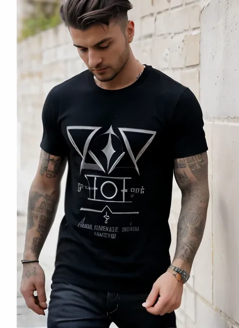 un homme tatoué debout devant un mur en béton, grava, ferraille de mur en béton , vêtements techniques occultist, vêtements techniques!! Teeshirt noir, vêtements ésotériques, style d&#39;hydro74, image officielle de produits , photo officielle du produit, ...