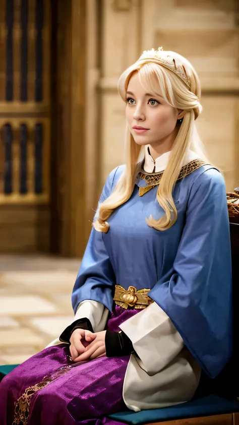 AJC style, Beautiful woman, blonde, sitting, royal familyの衣装, royal family, medieval setting