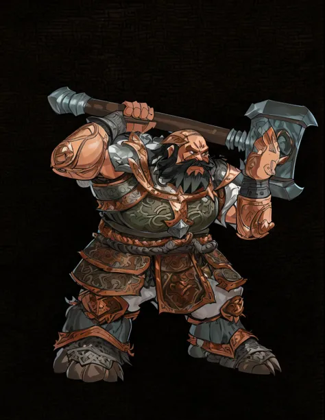 A hulking dwarven warrior wielding a massive warhammer. Grimm is clad in sturdy, intricately crafted dwarven armor and excels in close-quarters combat. His attacks are powerful and can crush through enemy defenses.