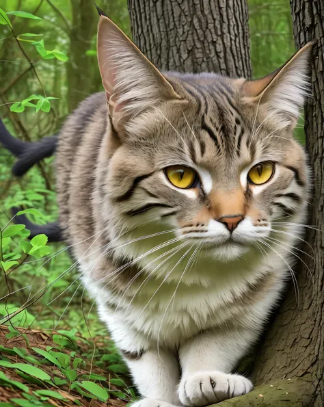 A cat in a forest, rotating its ears 180 degrees while focusing on attentively towards a rustling bush, natural woodland background, hyper-realistic.  --auto --s2