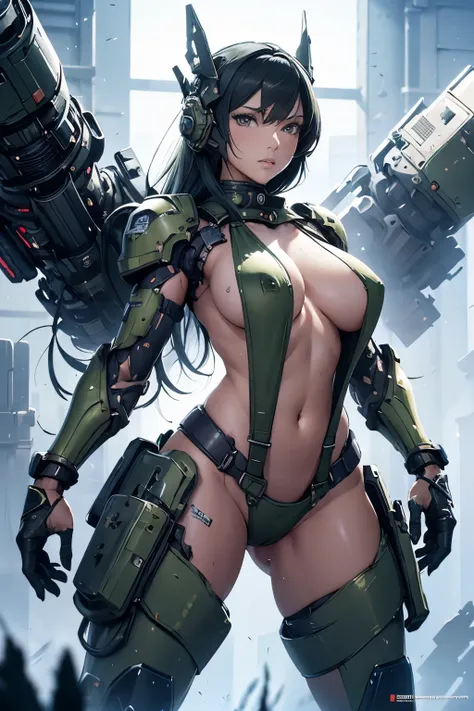 Beautiful woman in a green uniform holding a gun, mechanical bikini, tattered military gear, mechanized soldier girl, oversized mechanical exoskeleton arms and legs, inspired by Masamune Shirow, girl in mecha armor, clothed in military armor, mechanized va...