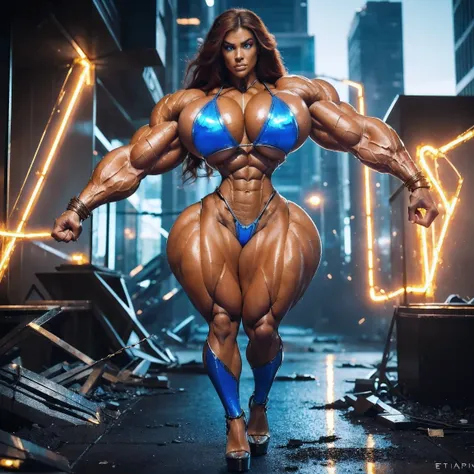 8k quality, digital art style, action pose. 1 girl, solo, Giantess Super powered female bodybuilder walking in a futuristic city street. (((Rampage, destruction, walking))), She has enormous muscles and gigantic round implant tits straining her top. long r...