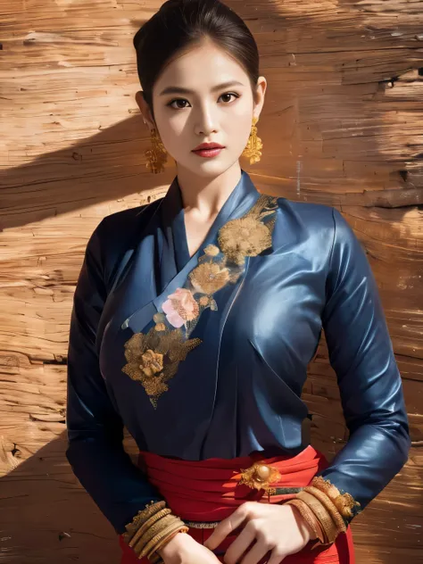 Beautiful girl wearing Northern Thai Lanna costume, Tai Khun traditional costume, wearing bangle, necklace and earrings, big breasts, deep cleavage, best quality, masterpiece, illustration, very delicate and beautiful, very detailed, CG, Unity, 8K wallpape...