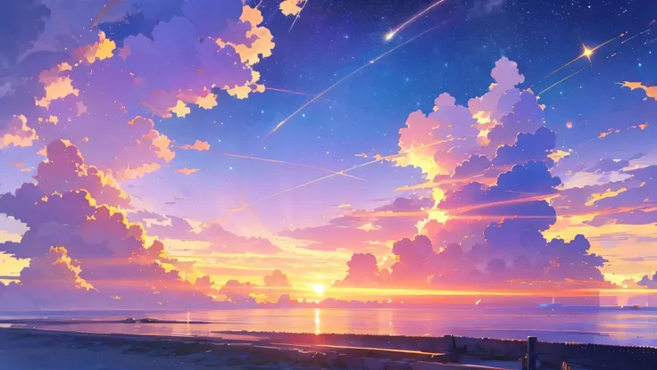 beautiful sea golden and purple sky with clouds and stars and romantic cute