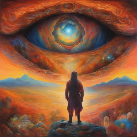 (Deus,rosto brilhante, vestes brancas, gigante),(invadir, paisagem celestial),(olhos como chamas de fogo),oil painting,ultra-detalhado,Altas,cores vivas,soft lighting,Christian mythology