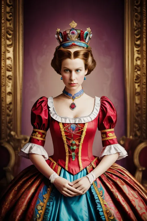 Highly detailed, lifelike portrait of the Queen of Hearts from "Alice in Wonderland", captured in a photograph by Tim Walker, with psychedelic colors and patterns added for a surreal effect. Studio lighting and intricate costume design add to the realistic...