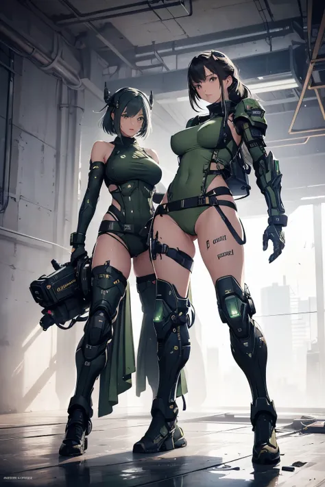 Beautiful woman in a green uniform holding a gun, tattered military gear, mechanized soldier girl, oversized mechanical exoskeleton arms and legs, inspired by Masamune Shirow, girl in mecha armor, clothed in military armor, mechanized valkyrie girl, cushar...