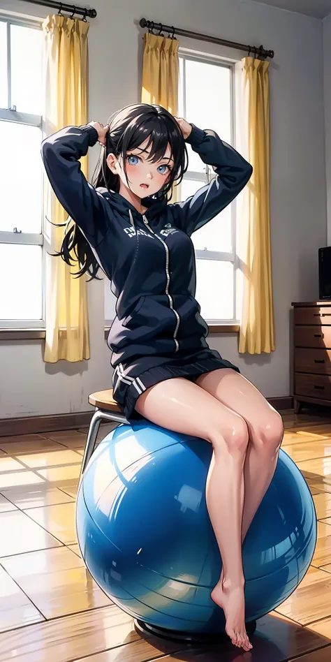 1girl, sitting on the Exercise ball , arms raised in the air , front view, cute
