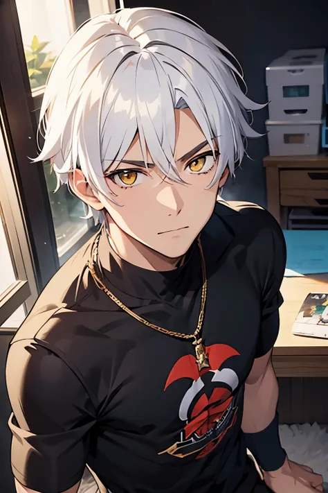 An anime handsome man with white hair and yellow eyes who has an athletic body. 