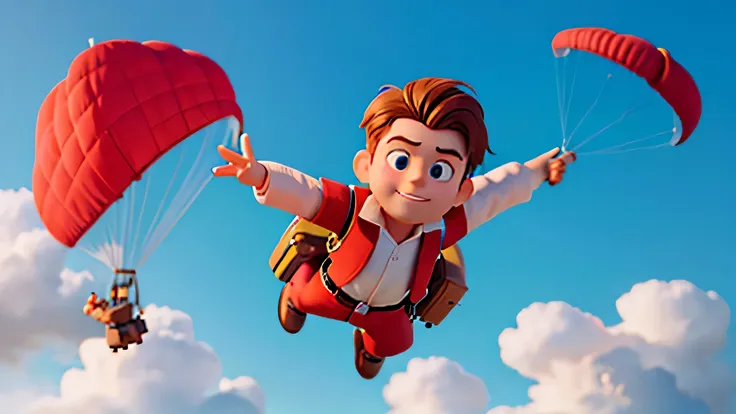 Generate a man doll with parachute in the sky and with arms behind him, gaining strength  (It is important that the vision is from the bottom to the top)