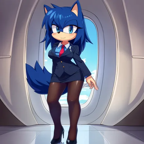 Female, Mobian, Hedgehog, (((VERY dark blue fur))), (wolf tail), hair bangs, medium hair, hair over shoulders, ocean blue eyes, soft brownish tan colored muzzle, flight attendant dress suit, tight skirt, black pantyhose, medium breasts, heels, (detailed ba...