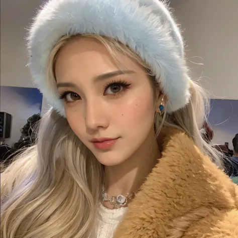 mulher coreana com longos cabelos loiros, wearing a blue hat and a fur coat, cantora solo, somi, olhos verdes, jeon somi cantora solo, garota de cabelos brancos perfeita