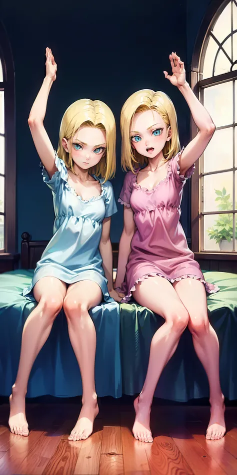 2girls (twins), sitting on red bed , arms raised in the air , front view, cute, android 18, blonde hair, shor hair, wearing pink nightgown
