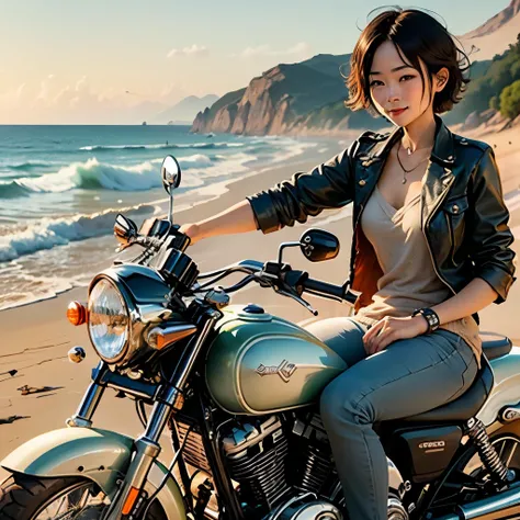 Beautiful Asian girl, about 15 years old, black short bob hair, smiling, riding Harley, national road with ocean view, straight side angle, photo style,  --auto --s2