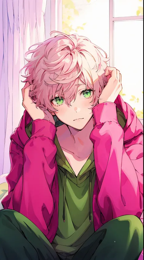 Beautiful young man, pink hair, green eyes, fluffy hair, Scratching Head, green hoodie, cute room, sitting on bed,Japanese anime, Clear line drawing, transparent watercolor, clear shading, high quality, amount of drawing, pixiv illustration