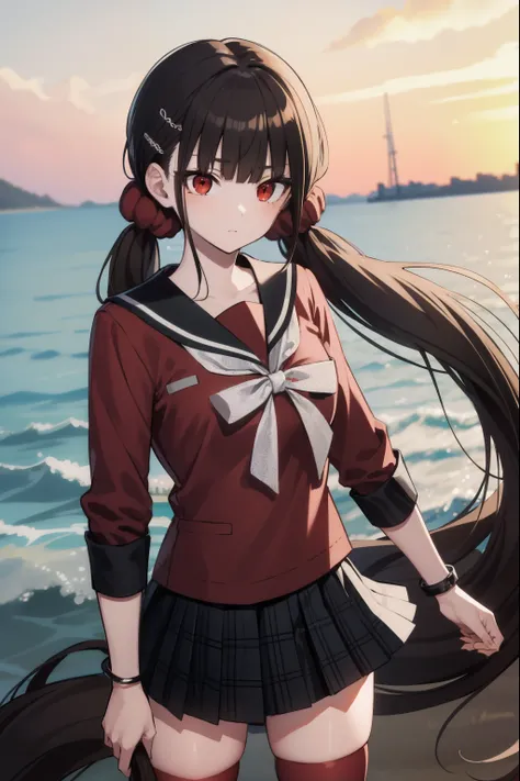 makiharukawa, harukawa maki, long hair, bangs, brown hair, black hair, hair ornament, (red eyes:1.5), twintails, very long hair, hairclip, blunt bangs, mole under eye, low twintails, scrunchie, hair scrunchie, red scrunchie, (small breast:1.2), BREAK skirt...