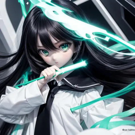 girl, black hair, anime, green eyes, long hair, white shirt, white dress, black coat, 1 girl, green tie, magic, magic stick, magic fight, serious expression, crow