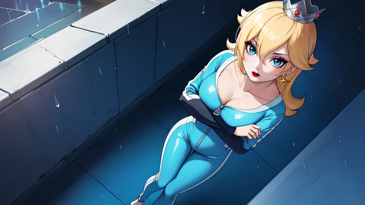 ((high detailed, best quality, 4k, masterpiece, hd:1.3)), BREAK night, moonlight, landscape, its raining, raining, a full-length shot of Rosalina standing posing under the rain, BREAK neon blue eyes, seductive, attractive, sexy smile, smiling, smooth anime...