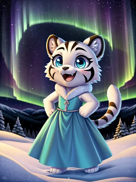 zoomed out image, cute style art, fantasy style art, cute, adorable, short character, small, tiny little female white tiger with blue eyes, long eyelashes, long tail, wearing a magical teal elemental ice dress with snowflake designs, smiling, standing in a...