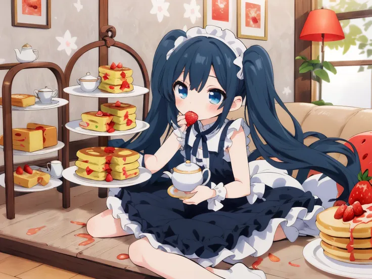 anime girl eating strawberry pancakes in front of her, light blue long hair、twin tails、tea in teapot and teacup、splash art anime...