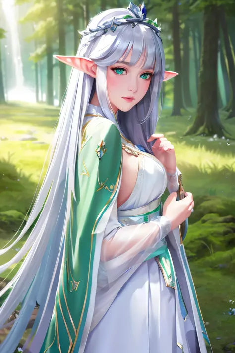 best quality, masterpiece, and its detailed Ultra HD CG unity Wallpaper, high resolution, 8k, Elf portrait, 1 Elf Girl, white princess long hair, Silver crown, beautiful clear green eyes, white beautiful face, detailed, Look back at the camera, alone, Quie...