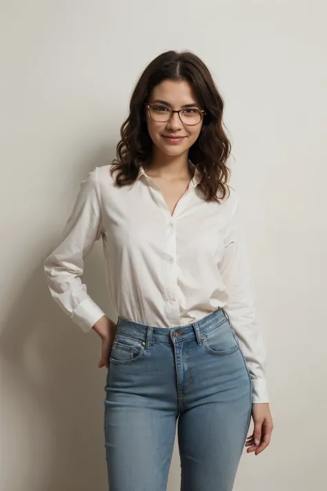 work of art, best quality, (full body), blank background, a 41 year old teacher, medium curly black hair. (Brown eyes). use of glasses. smiling. A white blouse and jeans. pixar style. 2D art.