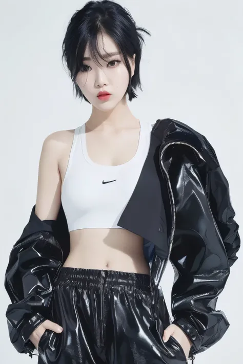 a close-up of a person wearing a white blouse and black pants, Jinyoung Shin, Heonhwa Choe, jia, Sun Yunjoo, iu Lee Ji-eun as a super villain, dilraba dilmurat, sutiã e shorts streetwear, modelo de moda feminina coreana, cai xukun, estacionar a partir de-m...