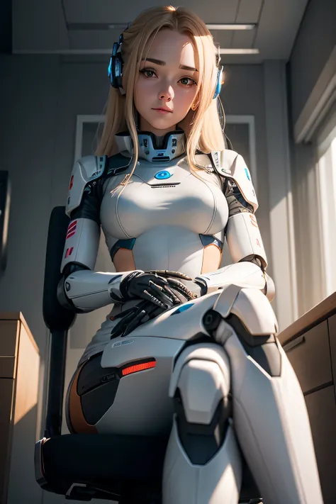 Female robot sitting cross-legged on a chair.　looking down at the camera　Body with machine exposed