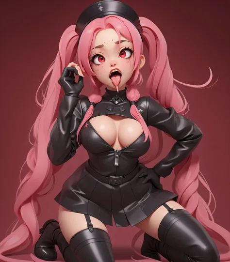 (((​masterpiece、top-quality、hight resolution)))、
Original outfit, military outfits, ((1girl in)), long pink hair, pigtails, black sexy armour, cute face, perfect long legs, (standing), full body, black leather boots, stockings, cleavage, stockings, on a ba...