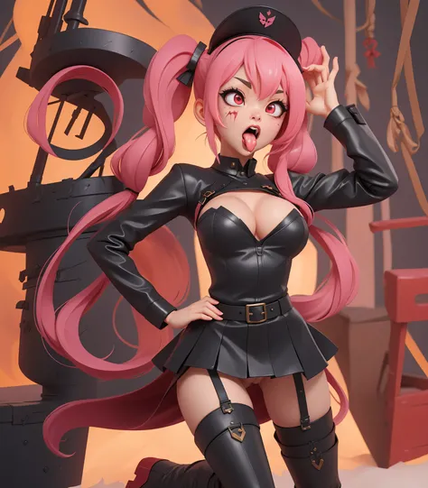 (((​masterpiece、top-quality、hight resolution)))、
Original outfit, military outfits, ((1girl in)), long pink hair, pigtails, black sexy armour, cute face, perfect long legs, (standing), full body, black leather boots, stockings, cleavage, stockings, on a ba...