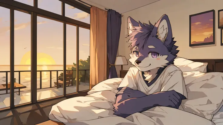 furry,fur,body fur,alone,male,(Smile),((Room,Sunset)),short sleeves,Character focus, fur, purple,rest,Its okay，purple眼睛，charming