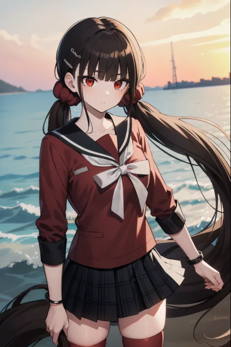makiharukawa, harukawa maki, long hair, bangs, brown hair, black hair, hair ornament, (red eyes:1.5), twintails, very long hair, hairclip, blunt bangs, mole under eye, low twintails, scrunchie, hair scrunchie, red scrunchie, (small breast:1.2), BREAK skirt...