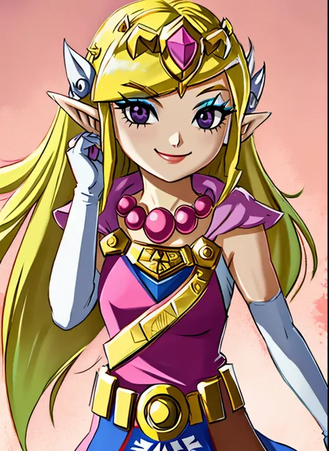 toon zelda, 1girl, solo, long hair, smile, blonde hair, gloves, dress, jewelry, pointy ears, elbow gloves, belt, necklace, black...