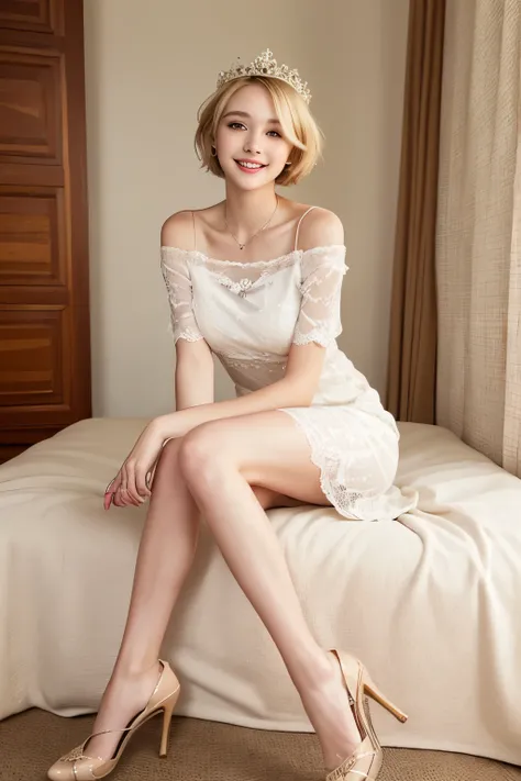 ((highest quality)), ((masterpiece)),  (perfect face)、(I can see the whole body)、((Blonde shorthair))、two beautiful legs、smile、lace queen