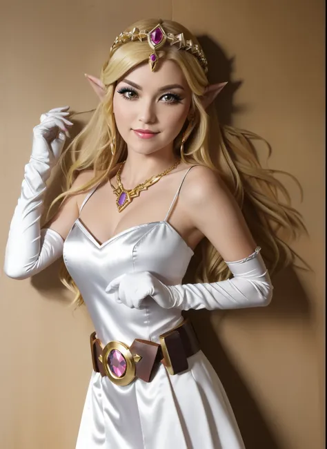 toon zelda, 1girl, solo, long hair, smile, blonde hair, gloves, dress, jewelry, pointy ears, long white satin elbow gloves, belt...