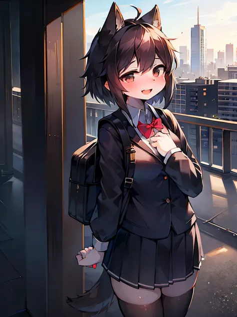 solo, kemono, female, black hair, black eyes, white body, wear school outfits, wear black backpack, smile open mouth, close one eye, blushes, look at somewhere else, grabbing book, school and city background, daytime, clear sky, high details