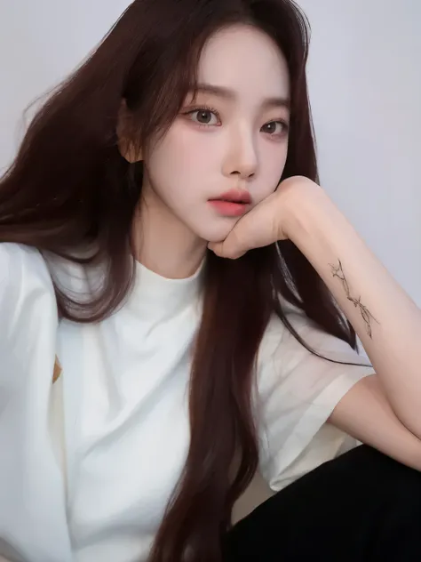 there a woman with long hair sitting on a bed, portrait of jossi de blackpink, retrato de jisoo rosa negro, jisoo de blackpink, ...