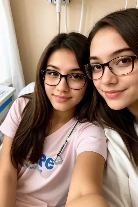 A sick girl in a hospital bed, and a pretty 20-year-old friend with fine features and a small nose with brown hair, light skin, takes a selfie with her, they both wear glasses.