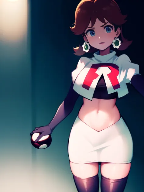 princess_daisy, brown hair ,earrings ,team rocket,team rocket uniform, red letter R, white skirt,white crop top,black thigh-highs,black elbow gloves