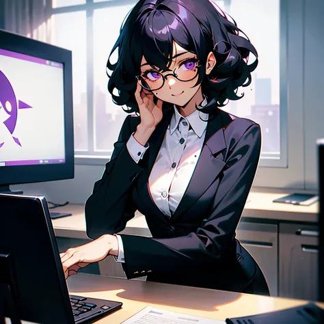 1 girl, black curly hair, glowing violet eyes, mole under the eye, slightly tanned skin, Large round glasses, white shirt, black work trousers, Black Fitted Blazer, calm expression on his face, mouth closed, cheeky smile, Squinted gaze, office on the backg...