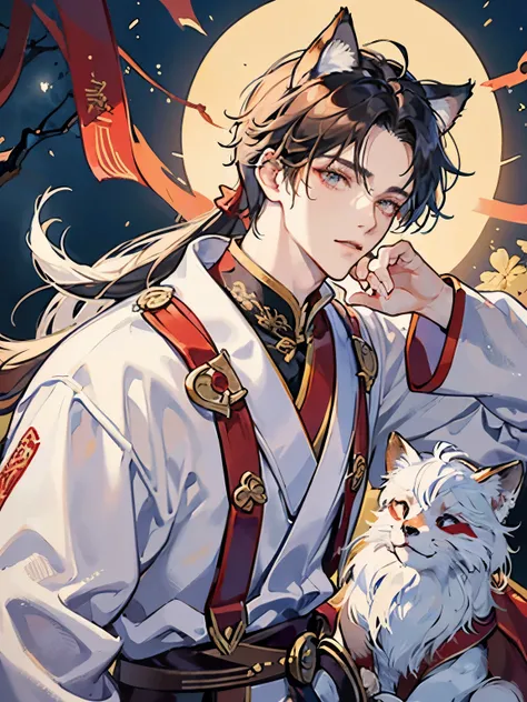 master piece，need，male，Chinese style，中国Ancient，white hair，messy hair，white long hair，with long bangs，good looking，maleらしい，kindness，big tall，quiet，red robes，exterior，cloak，High hills，snow， youth，Ancient，masterpiece，need，leprechaun，Red fox，animal ears，good l...