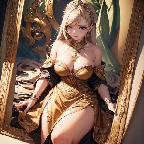 ((highest quality)),(ultra high resolution),(Super detailed),(detailed description),((best CG)),(best work of art),super precision art,great drawing art,(Art with precise details:1.5), (1 woman:1.6),gentle smile:1.6,Beautiful and detailed dress:1.6