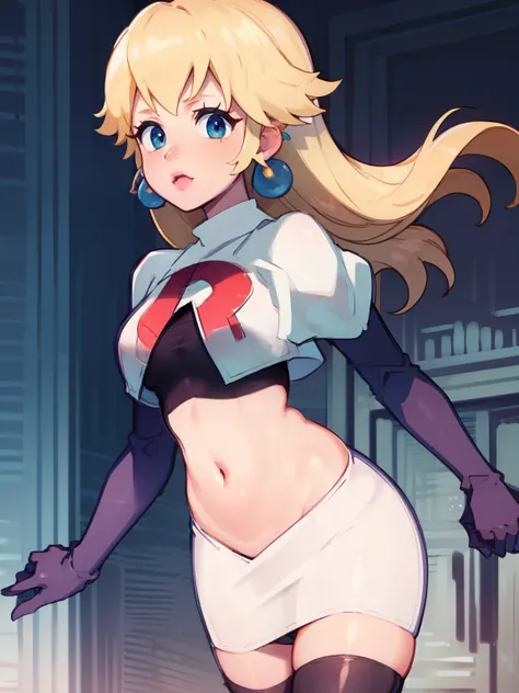 princess_peach, blonde hair ,earrings,team rocket,team rocket uniform, red letter r, white skirt,white crop top,black thigh-high...