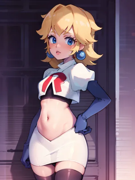 princess_peach, blonde hair ,earrings,team rocket,team rocket uniform, red letter R, white skirt,white crop top,black thigh-highs,black elbow gloves