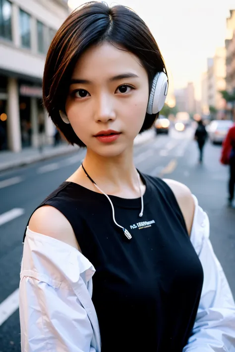 (highest quality, High resolution, masterpiece :1.3), A tall and pretty woman, slender body shape, (dark brown short hair), wear headphones, trainer, on the street, Precisely expresses details such as face and skin texture, fine eyes, double eyelid